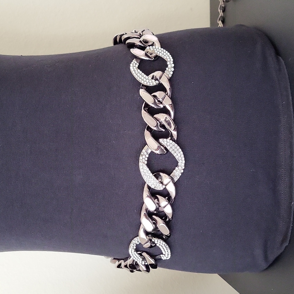 Wide Grey Acrylic Metallic Link Chain Belt Pave' Rhinestone Links